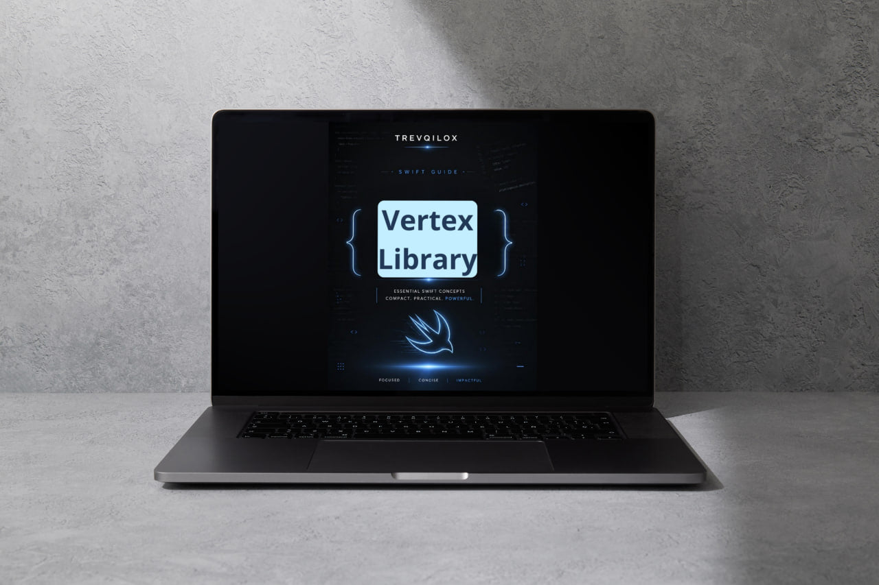 A dark gray laptop sits open on a light gray surface against a textured gray wall, with the screen displaying the text 'Vertex Library' and a small 'TREVIGLOX' logo above it.