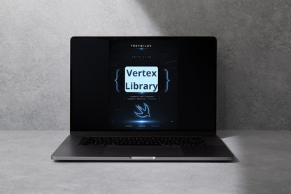 A dark gray laptop sits open on a light gray surface against a textured gray wall, with the screen displaying the text 'Vertex Library' and a small 'TREVIGLOX' logo above it.