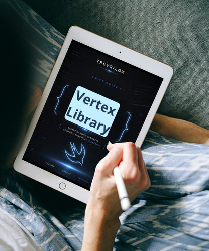 A person lying in bed holds a tablet with a stylus, showing the Trevoislox Swift Guide: Vertex Library screen.